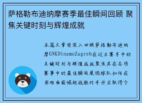 萨格勒布迪纳摩赛季最佳瞬间回顾 聚焦关键时刻与辉煌成就