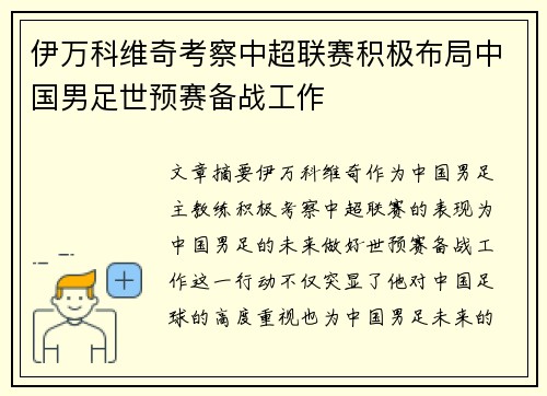 伊万科维奇考察中超联赛积极布局中国男足世预赛备战工作 伊万科维奇考察中超联赛积极布局中国男足世预赛备战工作